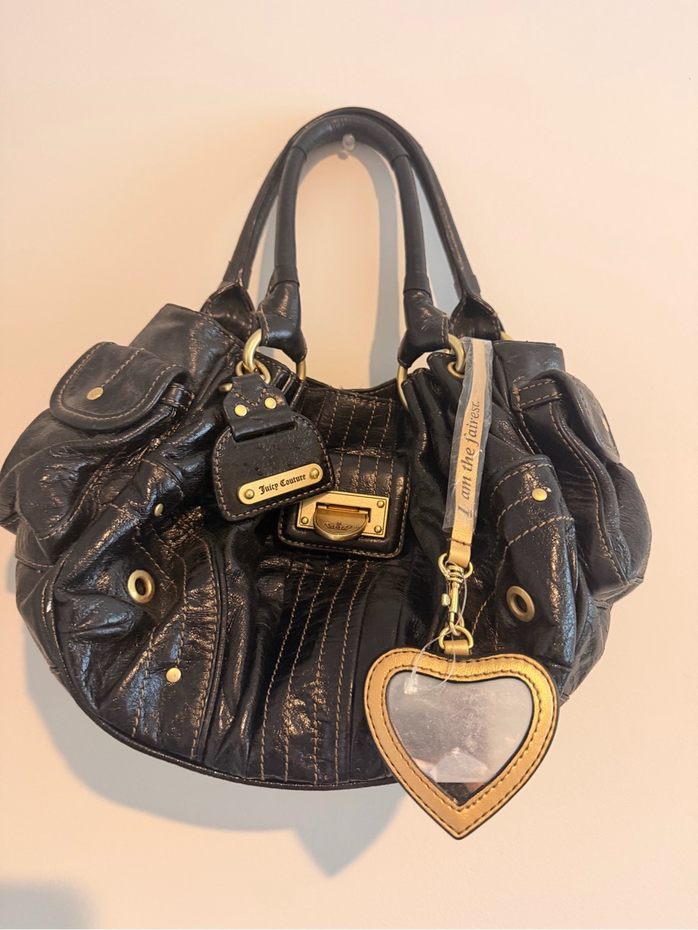 Juicy Couture Black Leather Satchel Handbag with Heart Charm